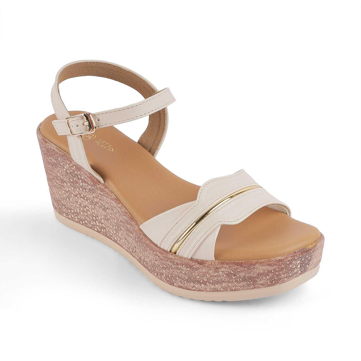 Sanet Cream Women's 3-inch Wedge Heel Sandals Tresmode