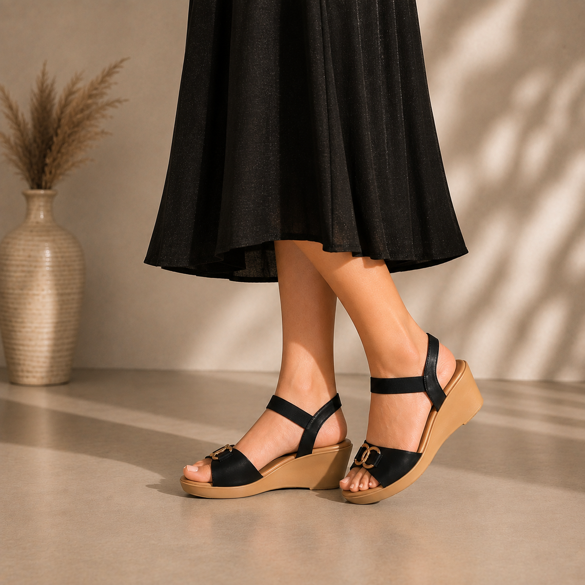 Tresmode Risol Black Women's Dress Wedge Sandals