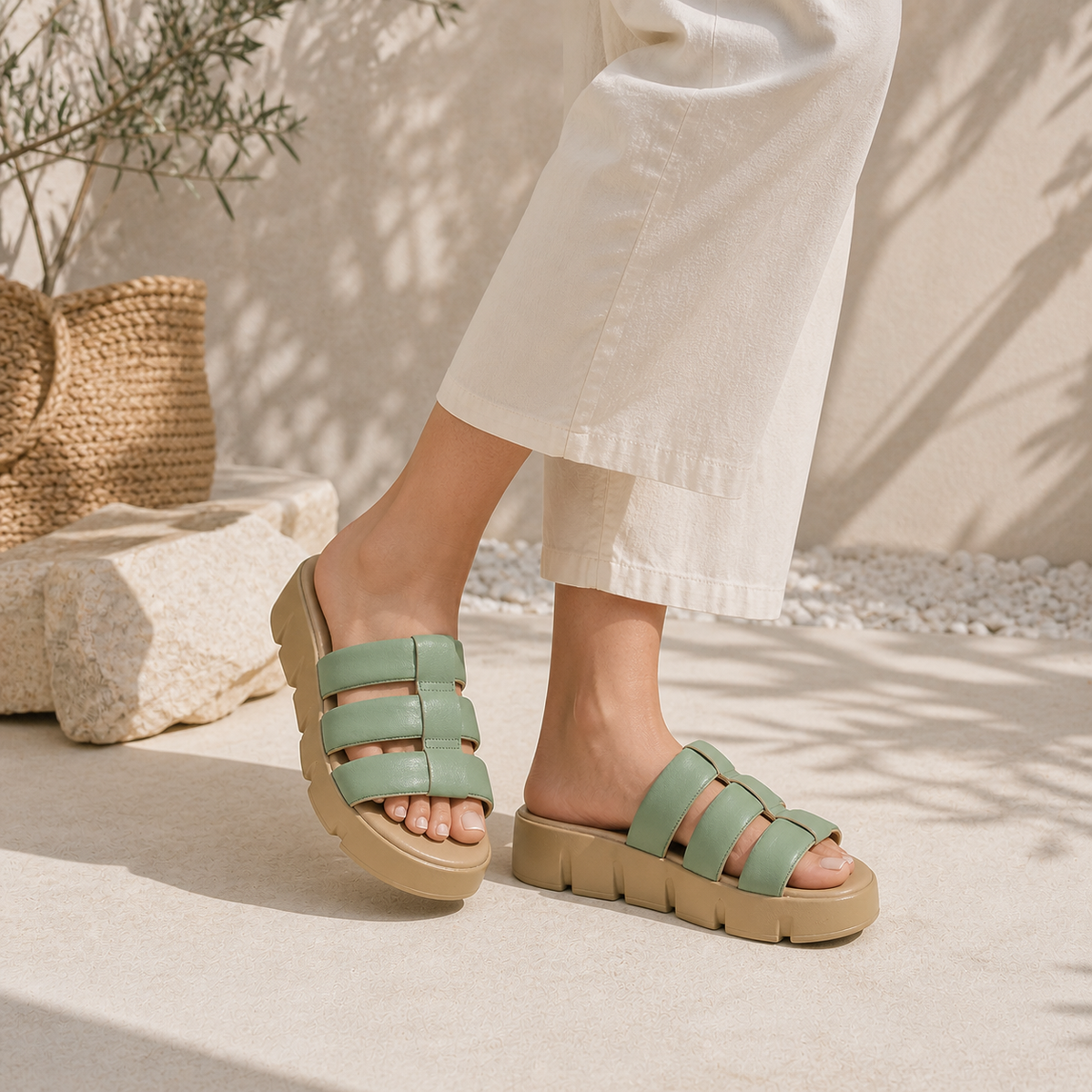 Tresmode Cludius Green Women's Casual Chunky Sole Wedges