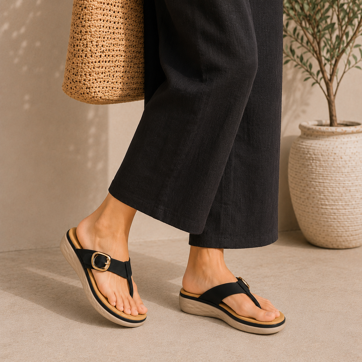Tresmode Hobuck Black Women's Casual Wedge Sandals