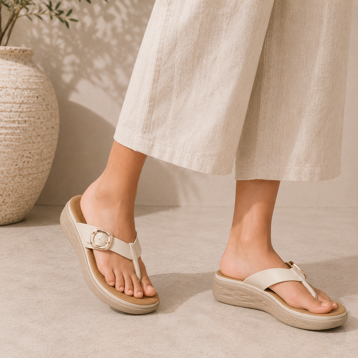 Tresmode Hobuck Cream Women's Casual Wedge Sandals