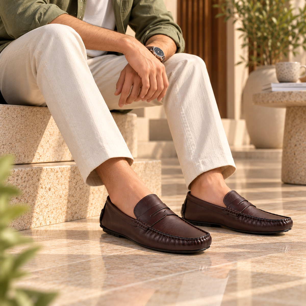 Tresmode Romey Cognac Men's Leather Penny Driving Loafers