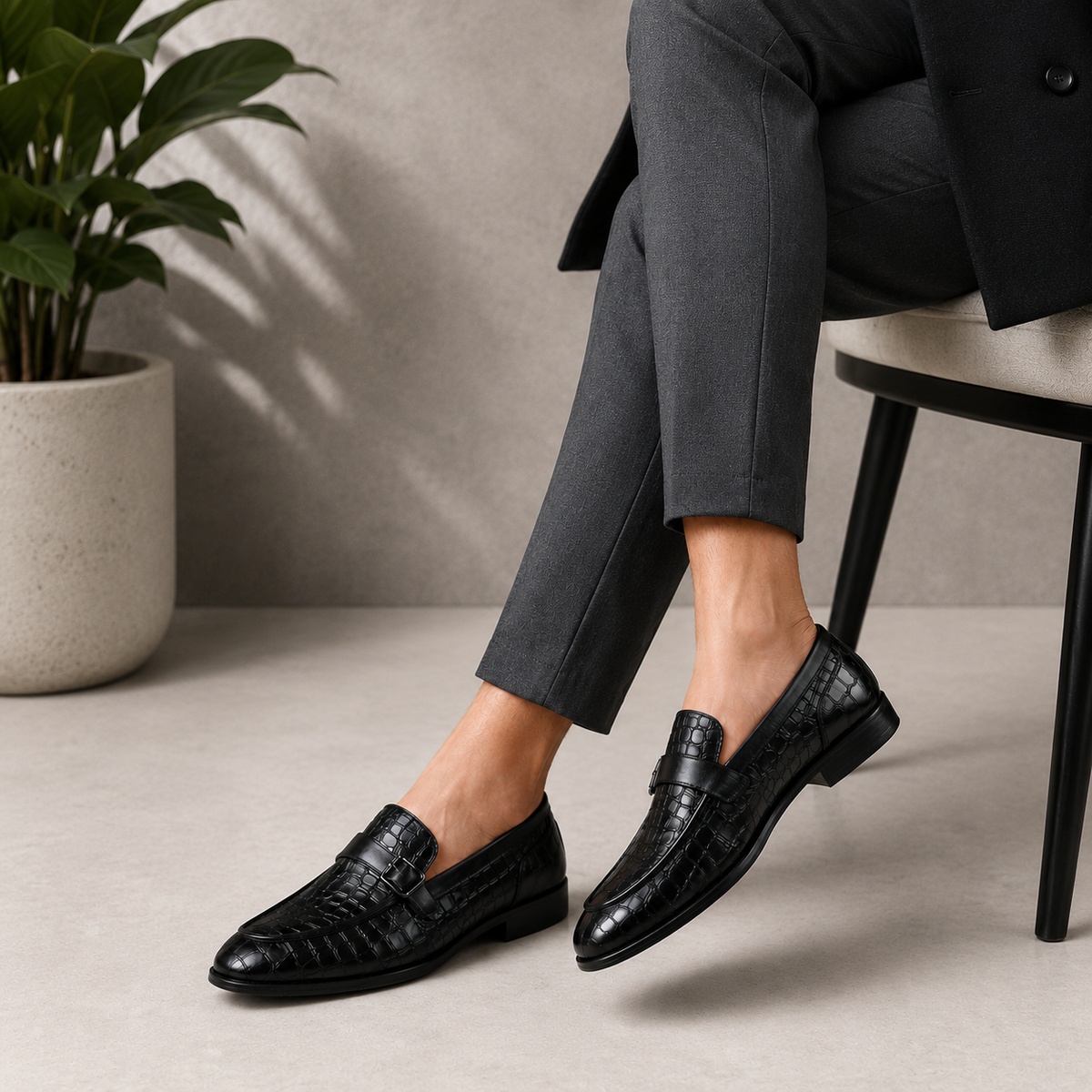 Tresmode Rosio Black Men's Textured Leather Loafers