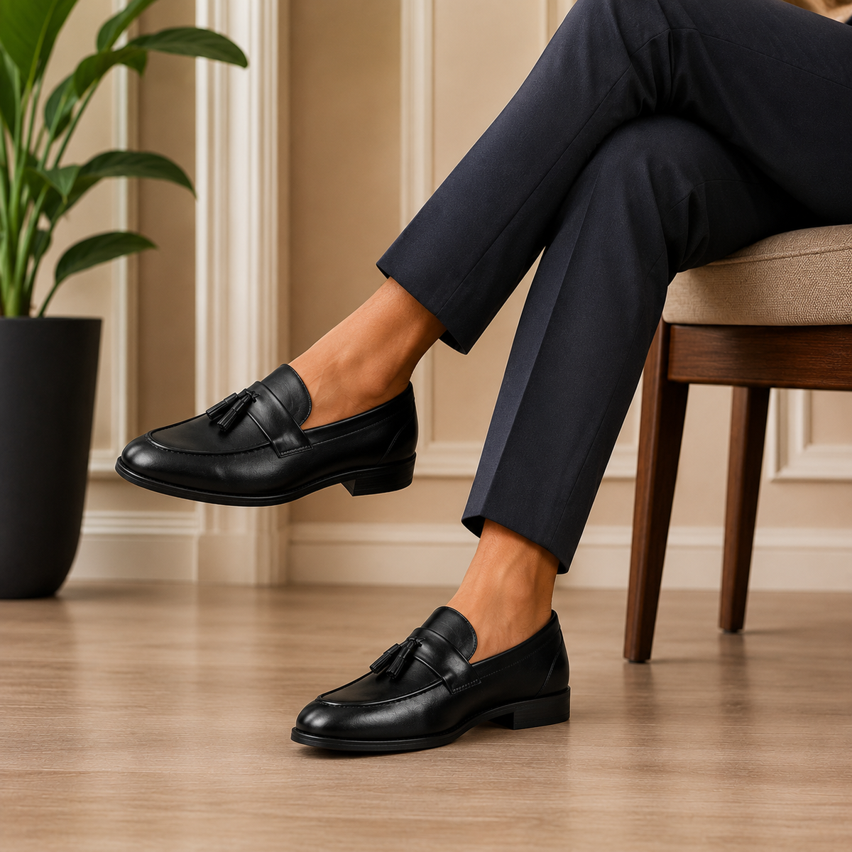 Tresmode Soti Black Men's Leather Tassel Loafers