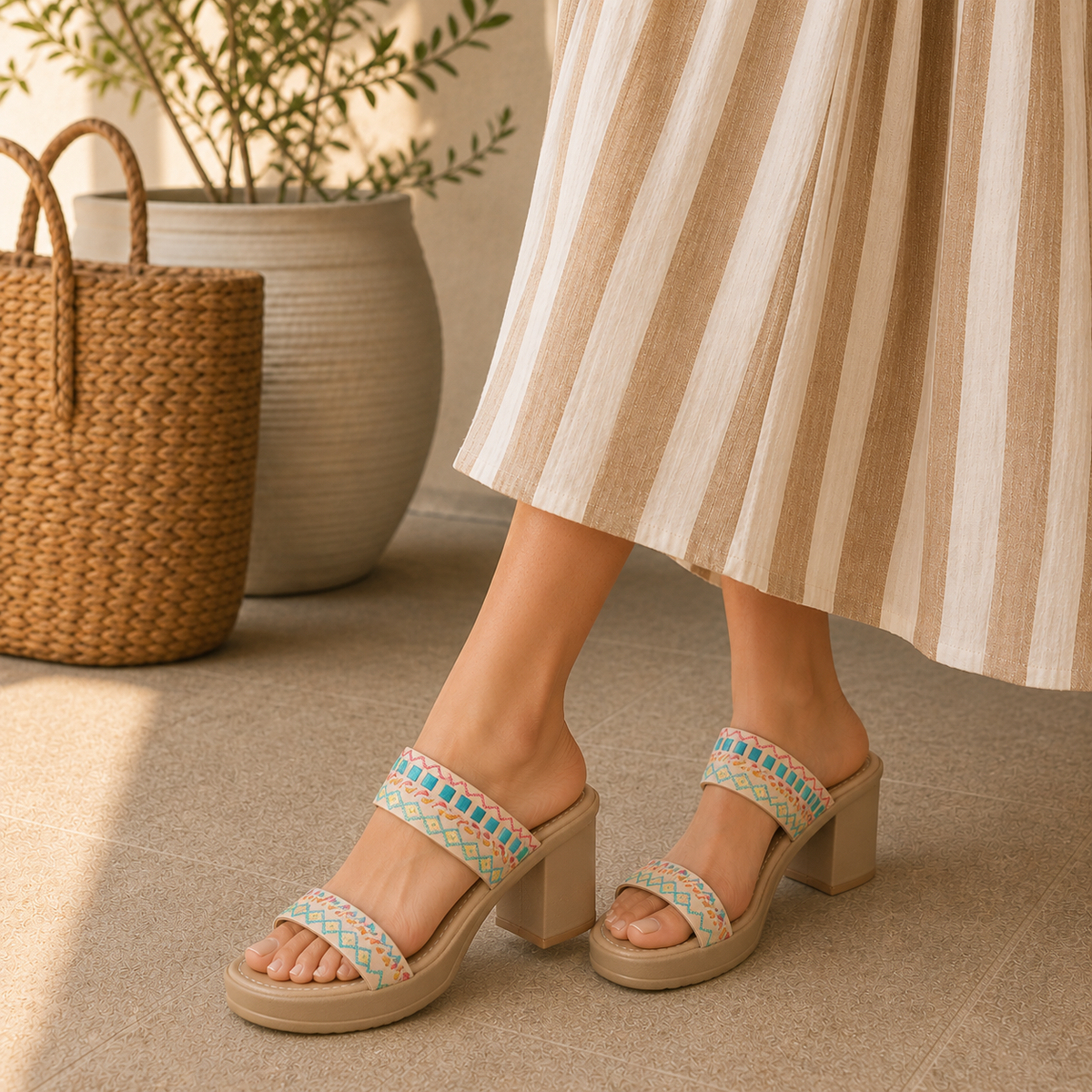Tresmode Athena Beige Women's Dress Block Heel Sandals