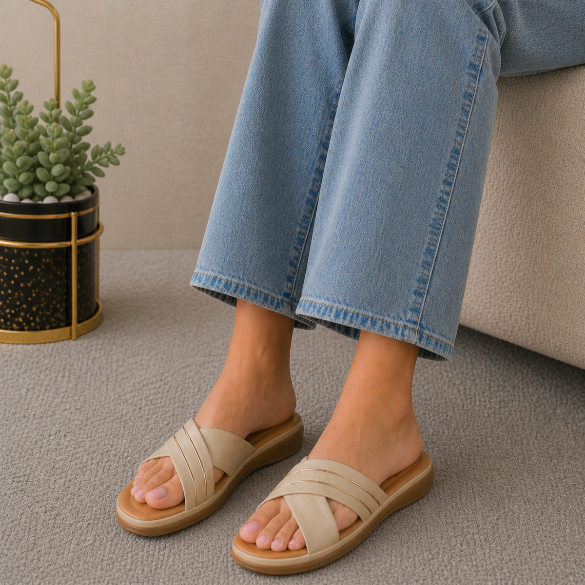Tresmode Ballina Cream Women's Casual Small Wedge Sandals