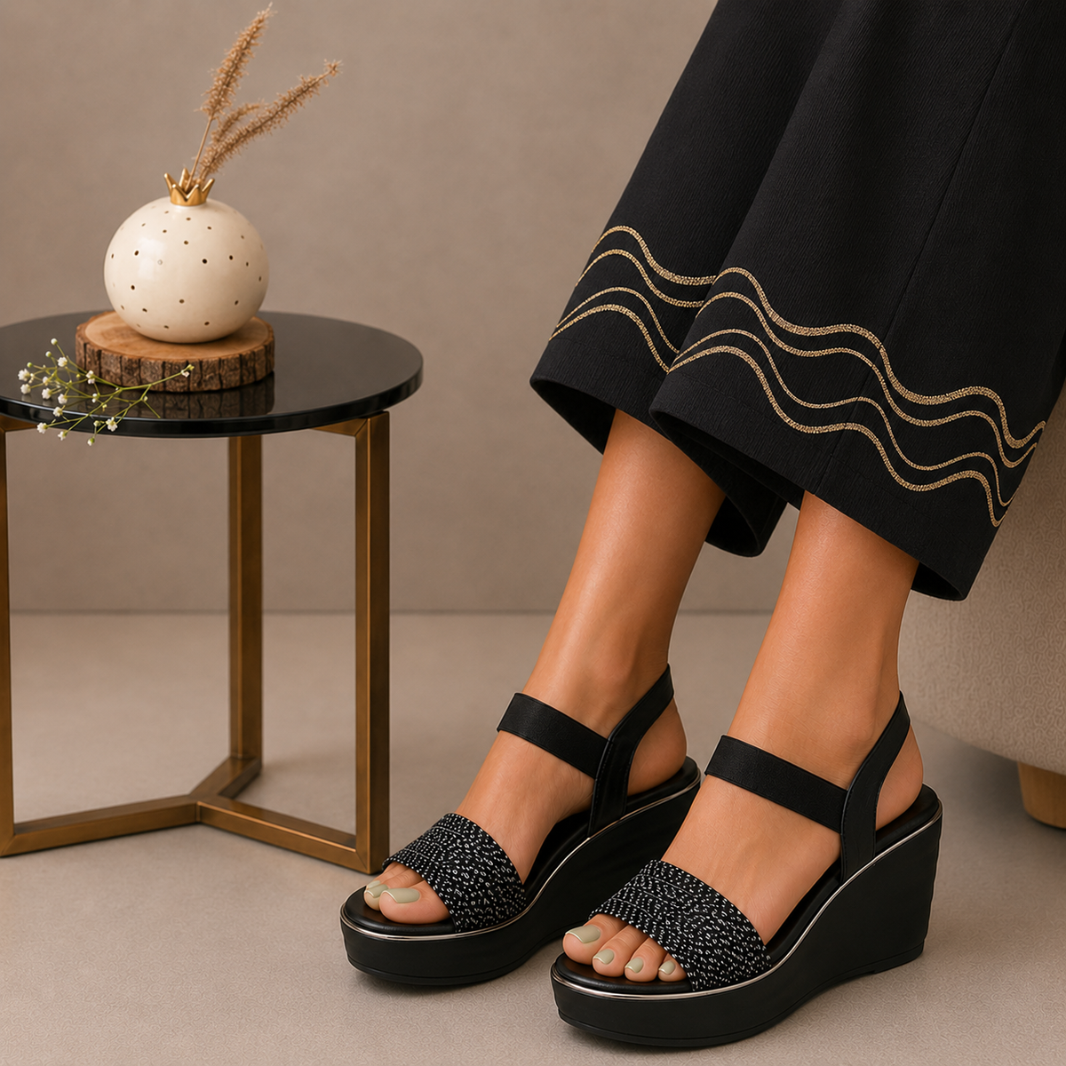 Tresmode Mesa Black Women's Casual Wedge Sandals