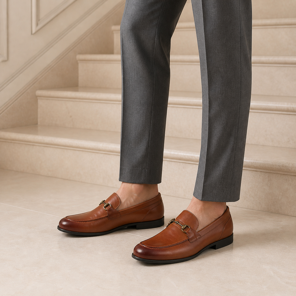 Tresmode Pierre Tan Men's Leather Horse-bit Loafers