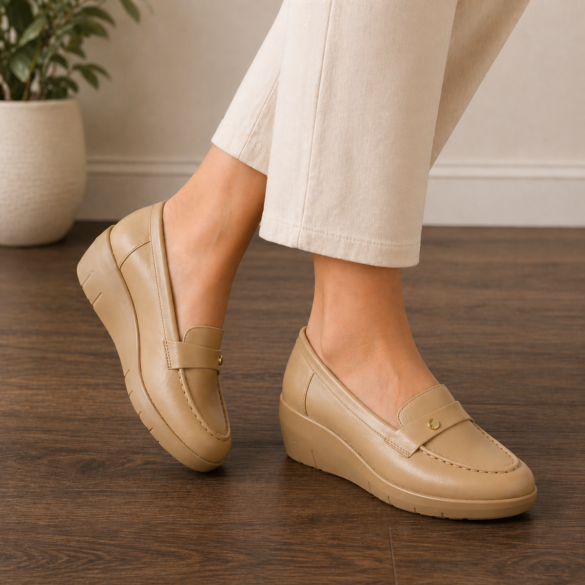 Tresmode Sugar Beige Women's Casual Wedge Loafers