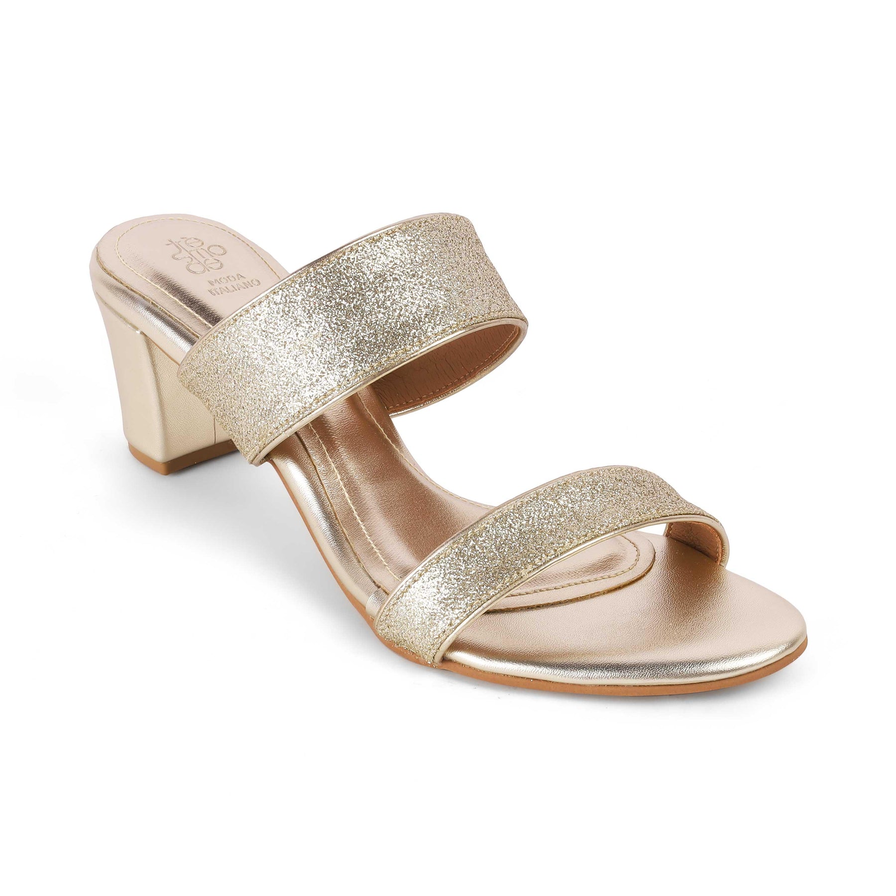 Sheen Gold Women's Vegan-Friendly Block Heel Sandals Tresmode