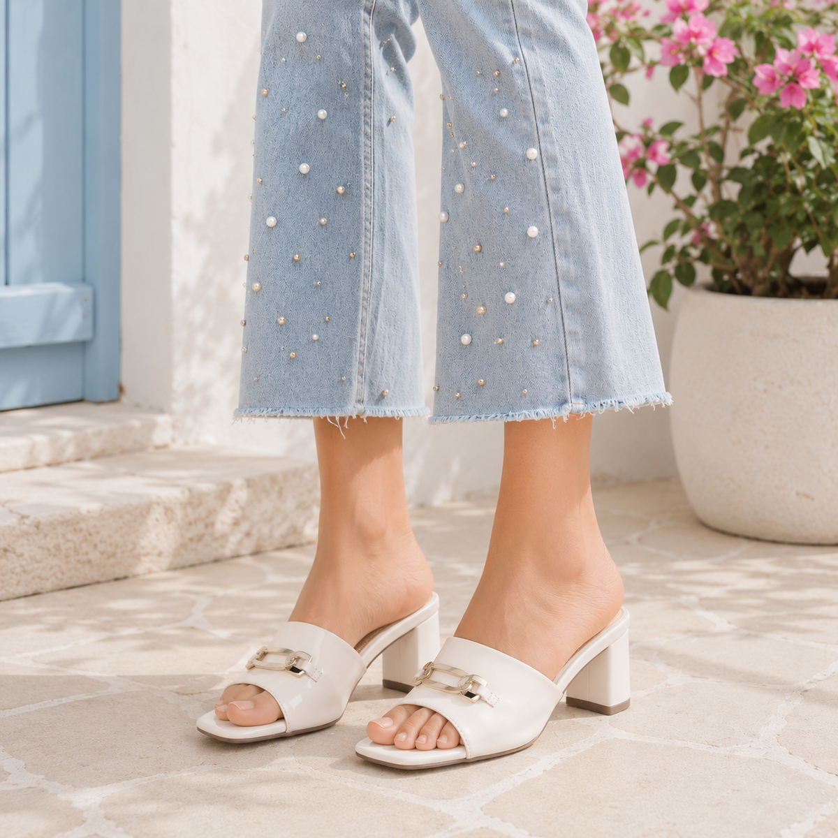Tresmode Adare White Women's Dress Block Heel Sandals