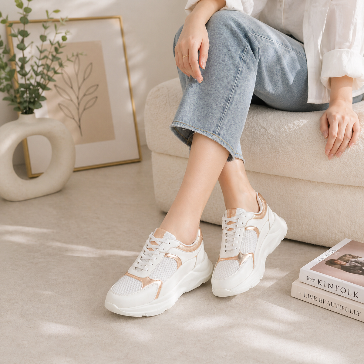 Tresmode White Champagne Women's Sneakers