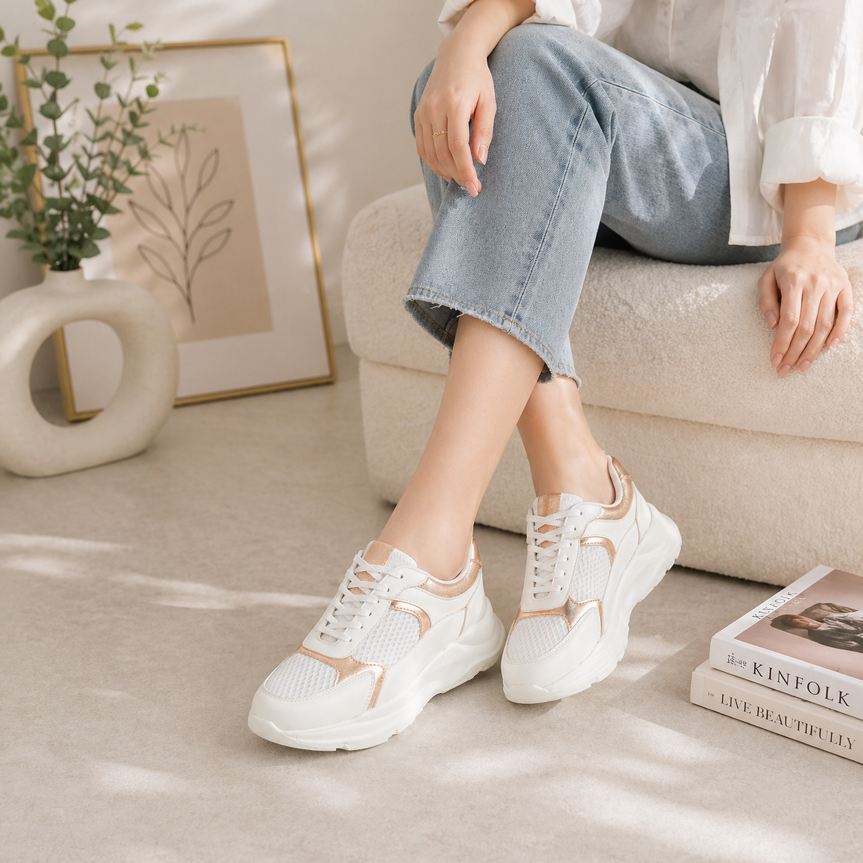 Tresmode White Champagne Women's Sneakers