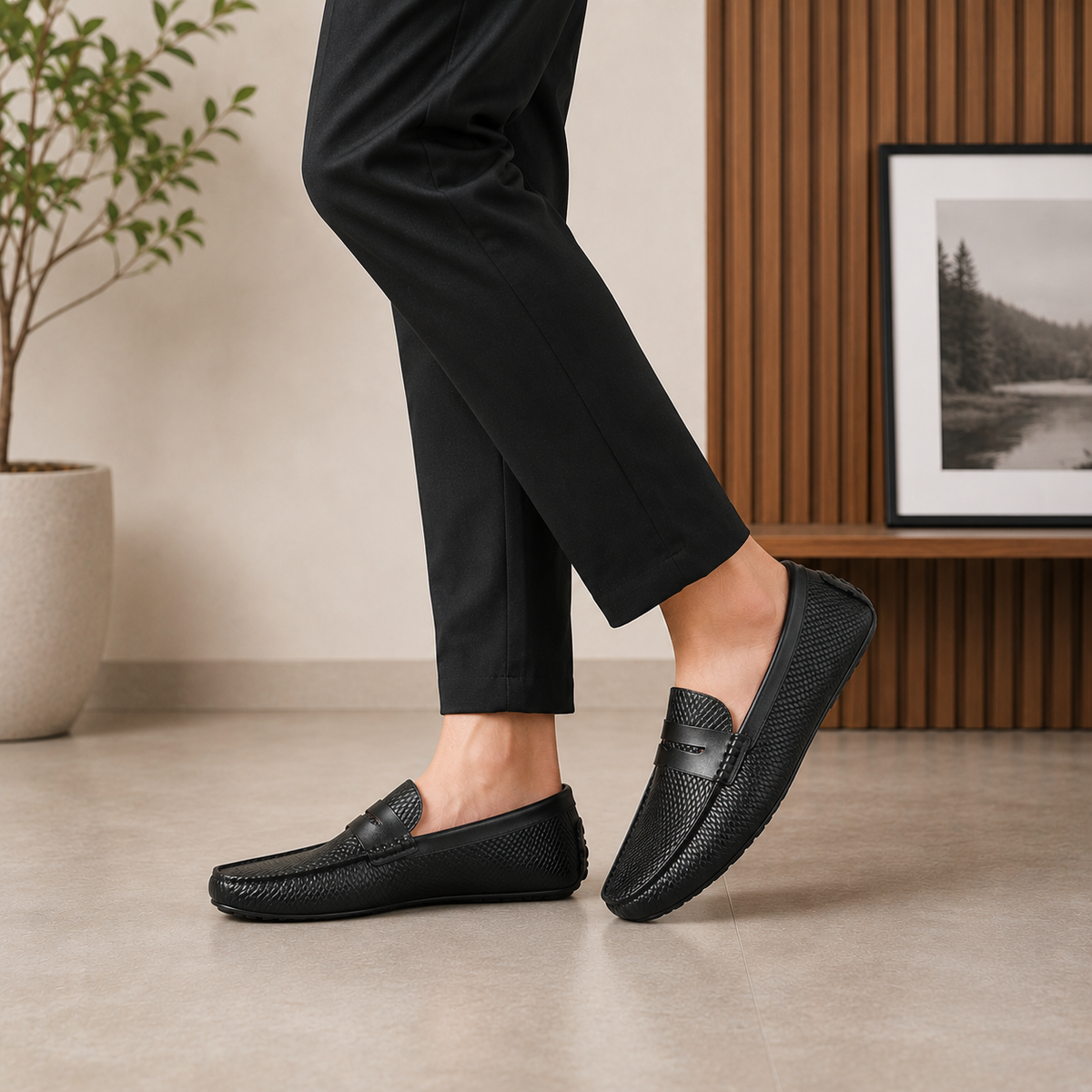Tresmode Copen Black Men's Leather Penny Driving Loafers