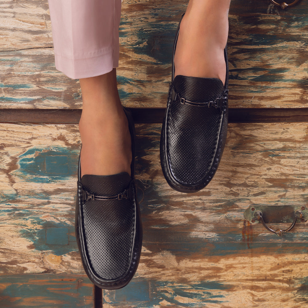 The Open-2 Black Men's Leather Loafers Tresmode