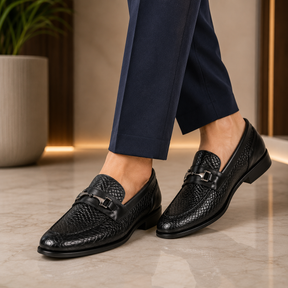 Tresmode Ramp Black Men's Textured Leather Loafers
