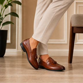 Tresmode Soti Tan Men's Leather Tassel Loafers