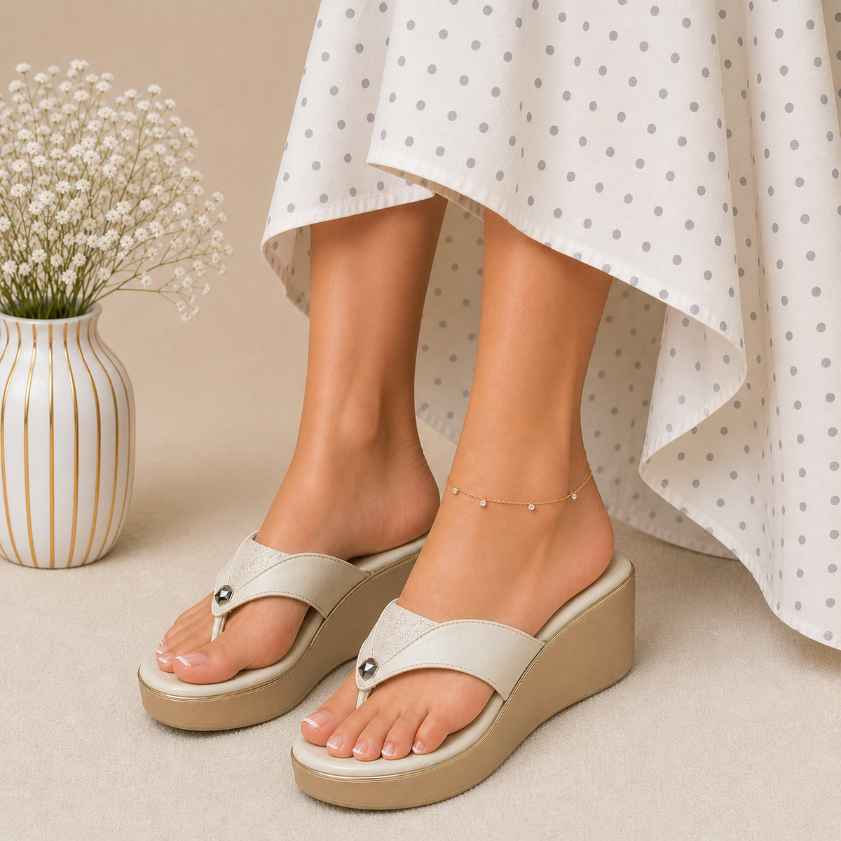 Tresmode Jose Cream Women's Dress Wedge Sandals