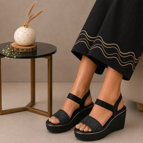 Tresmode Mesa Black Women's Casual Wedge Sandals