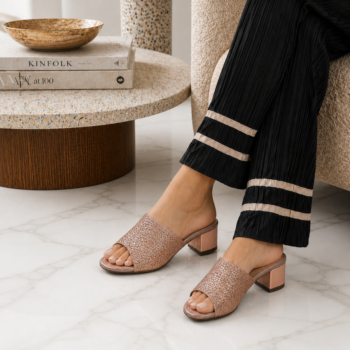 Tresmode Shimmer Champagne Women's Dress Block Heel Sandals