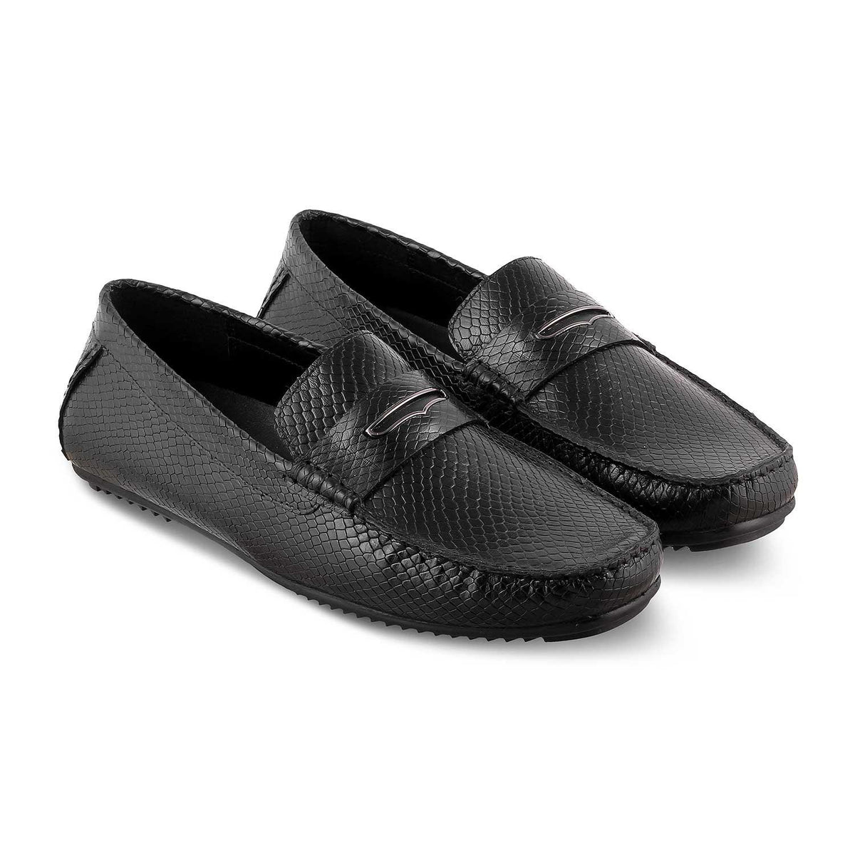 Tresmode Ro Black Men's Textured Leather Loafers