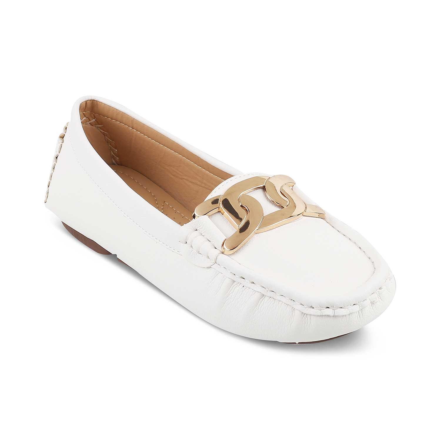 white and gold loafers